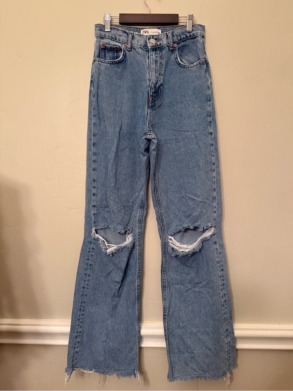 Zara Light Blue High-Rise Distressed Straight Jeans